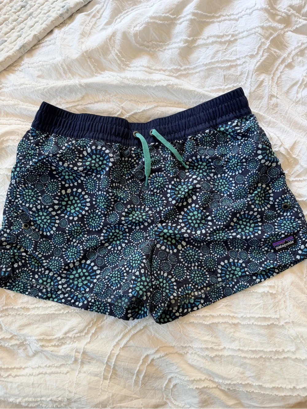 Patagonia Navy Blue Printed Girls XXL Swim Shorts with Teal Accents